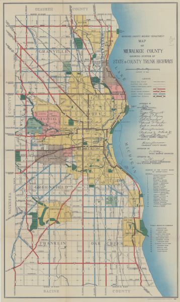 Color coded map in pink, yellow, green, and brown of Milwaukee County State and County trunk highways. The map includes a legend of symbols: "STEAM RAIL ROAD, ELECTRIC CAR LINES, TOWN & CORPORATE LIMITS, U.S. HIGHWAYS, STATE TRUNK HIGHWAYS, COUNTY TRUNK HIGHWAYS, CONNECTING STREETS". The map includes lists of parks and members of the county board of supervisors and signatures of approval. The highways are in red, blue, black, and brown.