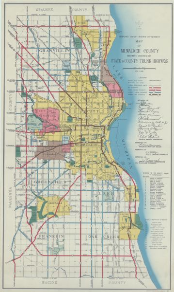 Color coded map in pink, yellow, green, and brown of Milwaukee County State and County trunk highways. The map includes a legend of symbols: "STEAM RAIL ROAD, ELECTRIC CAR LINES, TOWN & CORPORATE LIMITS, U.S. HIGHWAYS, STATE TRUNK HIGHWAYS, COUNTY TRUNK HIGHWAYS, CONNECTING STREETS". The map includes lists of parks and members of the county board of supervisors and signatures of approval. The highways are in red, blue, black, and brown.