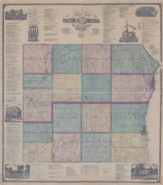 This hand-colored map includes business directories, a statistical table, as well as illustrations of public, residential, and commercial properties. Communities are shown in pink, yellow, blue, green, and orange.