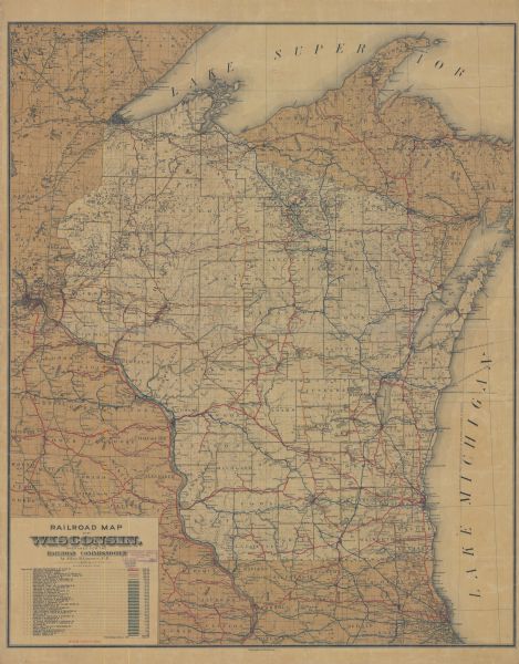 This map shows railroad routes in red, blue, orange, brown, pink, green, and dotted, as well as lakes, rivers, and communities. The map includes a legend in the lower left corner of railroad lines, with total mileage, as of June 30, 1896. Portions of Illinois, Iowa, Minnesota, and Michigan are visible.