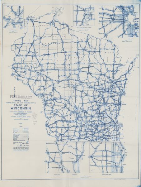This blue line print map shows highways, the scale of traffic volume, and average 24 hour traffic. Also included are inset maps of Appleton, Neenah, and Menasha, Waukesha County, Milwaukee County, Racine County, Kenosha County, Washington County, and Ozaukee County.