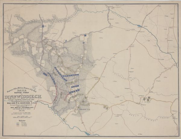 This map shows U.S. cavalry positions in yellow, Confederate infantry positions in blue, and Confederate cavalry positions in red. The map also shows roads, drainage, vegetation, relief by hachures, houses and names of residents.