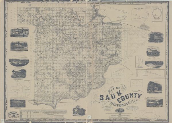 This map shows townships and sections, landownership, roads, railroads, rural residences, schools, churches, and topography. Also included are inset maps of effigy mounds in the county, and illustrations of local buildings.
