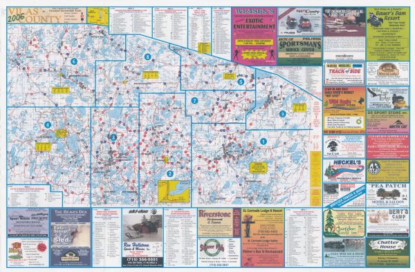 This map includes indexed advertisements and map of the Lac du Flambeau region on back. The map is broken into 9 zones, each marked with state and club trails. The map also covers the northern third of Oneida County.
