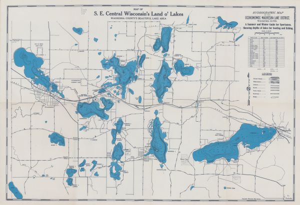 This map shows schools, hotels, stations, roads, railroads, reefs, and public buildings. The upper right corner includes "A Summer and Winter Guide for Sportsmen. Showing depths of lakes for boating and fishing" with a cart of lake names, area in acres, and elevation below sea level in feet. Below the chart is a legend. Water depths on the map are shown by bathymetric isolines and soundings.