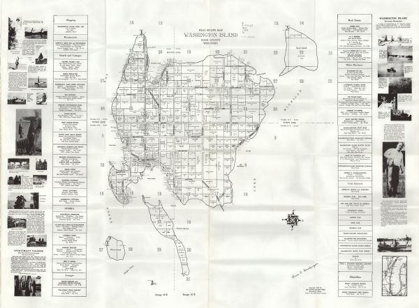 This map includes directories, illustrations, and an inset location map and also covers Rock, Hog, Detroit and Plum islands.