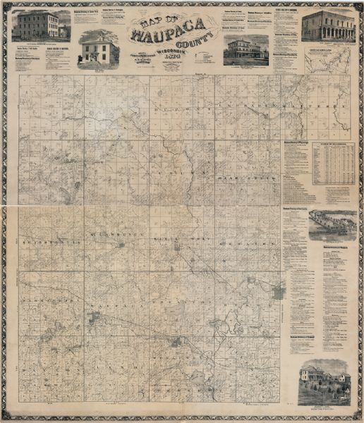 This map shows townships and sections, land ownership and acreages, churches, schools, cemeteries, roads, railroads, and projected railroads. The map includes business directories, illustrations of local buildings, a table of statistics, and a table of distances. An ancillary map shows Green Bay and the Mississippi canal.
