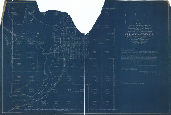 This blueprint manuscript map shows landownership, mills, railroad, churches, public buildings, the old cemetery, and the Chippewa River and Reservoir. The map includes unsigned certifications.
