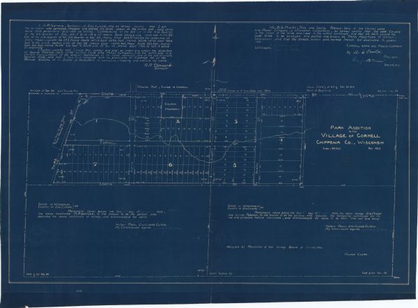 This blueprint manuscript map shows an addition. The map was surveyed and platted for B.G. Proctor, president, and George Peterson, secretary, of the Cornell Land and Power Company and includes certifications.