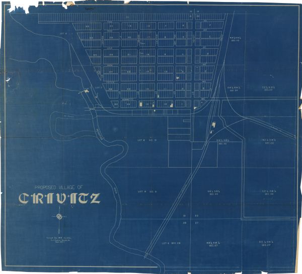 This blueprint manuscript map shows selected buildings, roads, and the Peshtigo River.