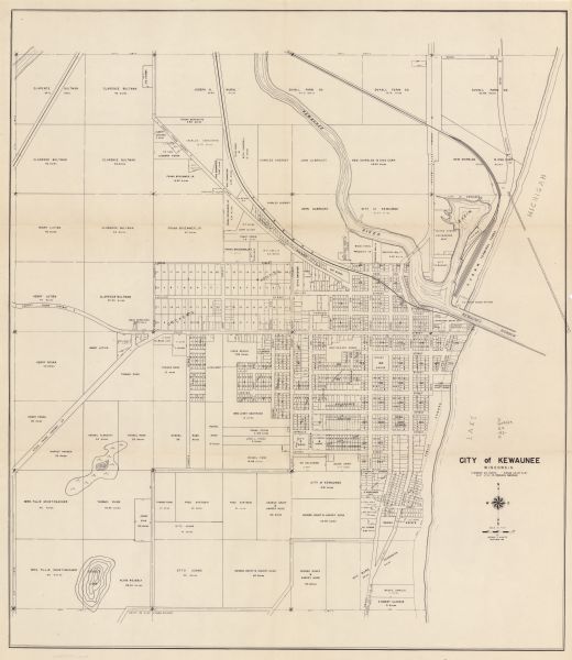 This cadastral map shows ownership and acreage of lots. Streets, the Kewaunee River, and Lake Michigan are labeled.