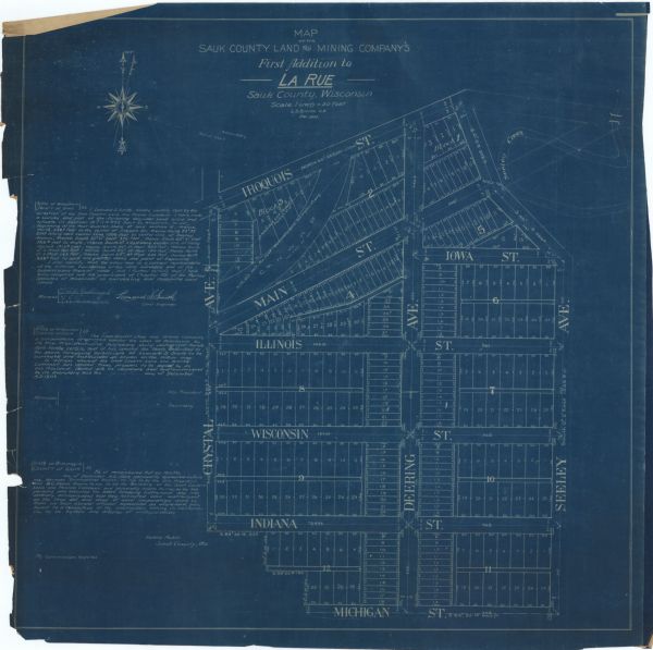 This manuscript blueprint map shows streets and lots and includes certifications in the left margin. Horizontal streets top to bottom are: Iroquois, Main, Illinois, Wisconsin, Indiana, and Michigan. Vertical avenues left to right are: Crystal, Deering, and Seeley. Also labeled is Seeley Creek.