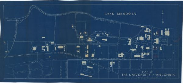 This manuscript blueprint map shows numbered buildings and manuscript annotations. Lake Mendota and streets are labeled.