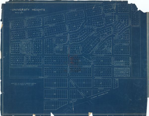 This manuscript blueprint map shows land parcels pertaining to University Heights region in Madison, Wisconsin. Streets labeled included, University Avenue, Adams Avenue, Chamberlin Avenue, Sterling Avenue, Chadbourne Avenue, Regent Street, Prospect Avenue, Forrest Street, and Summit Avenue. The Illinois Central Railroad is labeled.