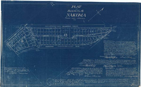 This manuscript blueprint map oriented with north to the upper right. The map includes street names, certifications, and registration. Streets left to right are: Seminole Highway and Chippewa Road. Streets top to bottom are: Nakoma Road, Agawa Path, and Manitou Way.