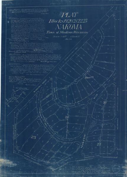 This manuscript blueprint shows streets and includes certifications and registration. The streets running left to right are: Wenonah Drive, Wanda Place, Nakoma Road, Waban Hill, Mandan Crescent, Manitou Way, Wanetah Trail, Calumet Path, and Seminole Highway.