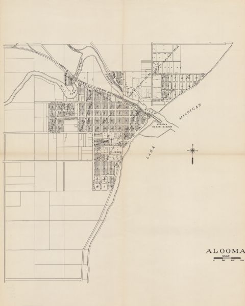 This is map 1 from a set of 4 taken from an atlas. The map shows streets, neighborhoods and proposed subdivision. Lake Michigan, Algoma Outer Harbor, the Ahnapee River, and Mill Pond are labeled.