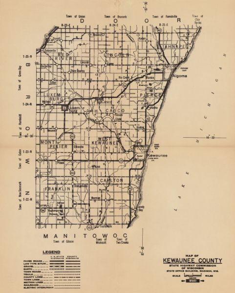 This is map 4 from a set of 4 taken from an atlas. The map includes a legend in the lower left corner of roads, trails, county lines, town lines, section lines, railroads, and electric lines. Lake Michigan is labeled.