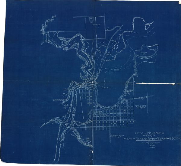 This blueprint map shows a proposed plan for pleasure roads and reservation system. It also shows schools, cemeteries, old river channel, proposed bridge, railroads, and home of Senator James Huff Stout.