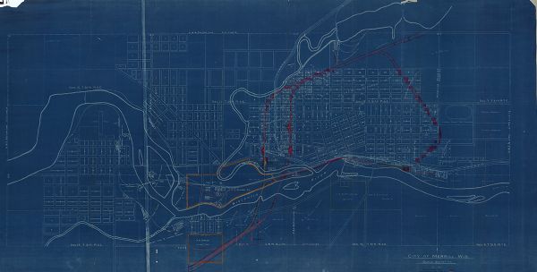 This blueprint map shows rivers, land parcels, and streets. It also highlights selected public and industrial buildings.