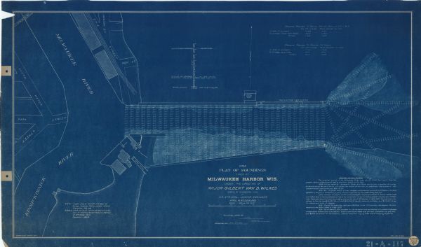 This blueprint map shows plats and includes water surface diagram and "history of the harbor." The Kinnickinnic River and the Milwaukee River are labelled. 
