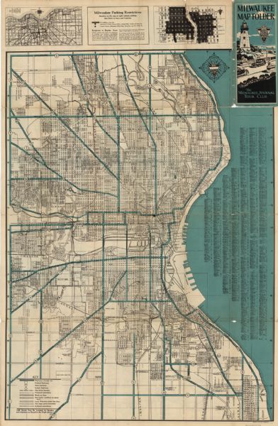 This map shows a view of the Milwaukee metropolitan area. It highlights state trunk highways, principal county trunks and other secondary highways and types of surfacing. Includes a insert of parking restrictions within the city of Milwaukee. The back of the map includes short travel routes from Milwaukee.