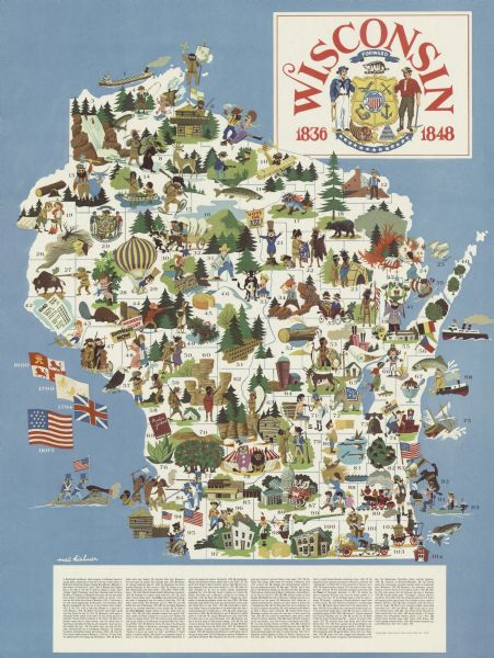 Map of Wisconsin with drawings illustrating historic places and events throughout the state. The Great Seal of the State of Wisconsin appears at the top right, and the flags of Spain (1600), France (1700), England (1794), and a U.S. flag (1805) are on the left. There is a key explaining all 104 drawings at the bottom of the map.