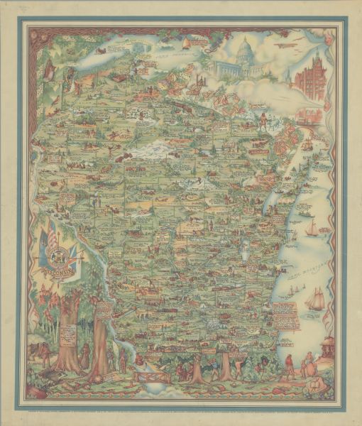 Pictorial map showing historical events and locations within the state of Wisconsin, as well as waterways and counties. Original caption on the bottom margin reads: "Published by the Milwaukee Sentinel commemorating its one hundredth anniversary June 27, 1937. Approved by the Wisconsin Conservation Commission. Checked and approved by Dr. Joseph Shafer, superintendent of the Historical Society of Wisconsin, and Dr. Louise Phelps Kellogg, senior research associate. Endorsed by the Wisconsin State Chamber of Commerce. Litho. in U.S.A."