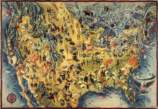This pictorial bird's-eye-view map shows the United States of America with parts of Canada and Mexico. Landscape, trade, industry, points of interest, people, and animals are depicted.