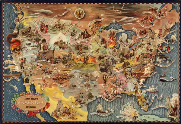 This map shows scenes from America's history with names of historical events superimposed on a map of the United States.