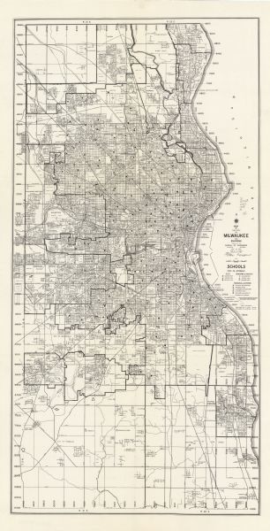 This map shows city, suburban, parochial and other types schools, with an explanation of symbols in the right margin. The original caption for the map reads:"May 16, 1956 (Revised to 1-2-59) ; Revisions Rev. to 1-1-60, Rev. to 3-28-62." Also visible are railroad routes and labeled streets. Lake Michigan is on the far right.