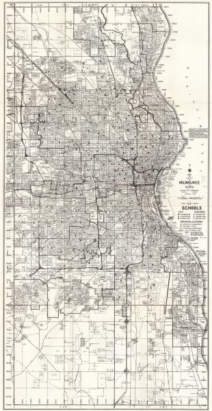 This map shows city, suburban, parochial and other types schools, with an explanation of symbols in the right margin. The original caption for the map reads: "January 1, 1966. Map issued April 1, 1966."Also visible are railroad routes and labeled streets. Lake Michigan is on the far right.