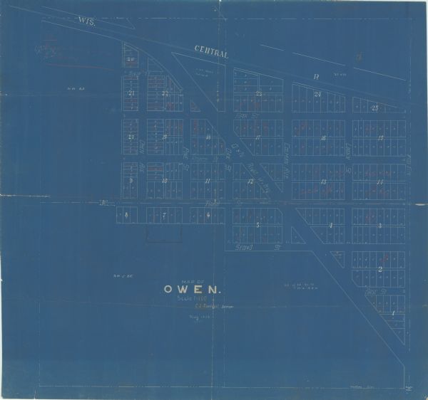 This blueprint map shows land parcels and roads. The map includes manuscript annotations in what appears to be red pencil.