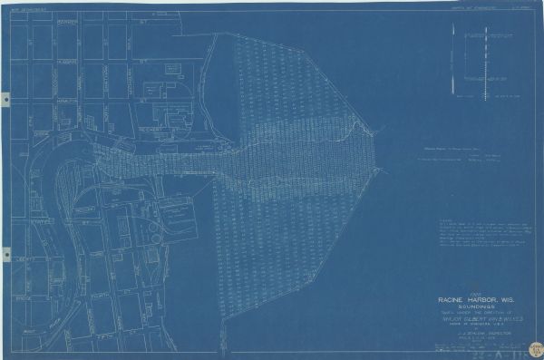 This blueprint map shows streets, industrial, and public buildings  in the vicinity of harbor.