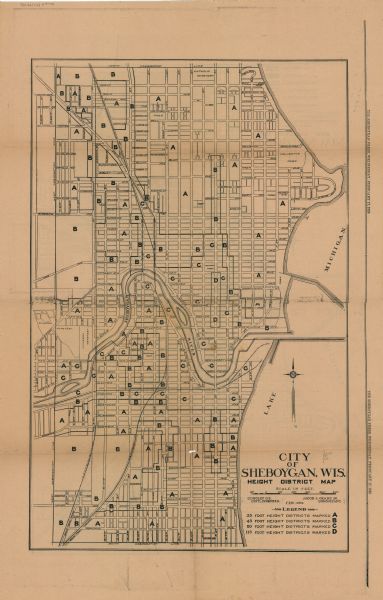 This map includes a legend in the lower right corner of building heights. Districts marked "A" are 35 foot, districts marked "B" are 45 foot, districts marked "C" are 60 foot, and districts marked "D" are 115 foot. Also shown are streets, parks, cemeteries, the Sheboygan River, and Lake Michigan.