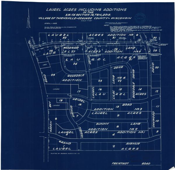 This blueprint map shows additions, sections, and streets.  The upper left of the map reads: "Plan for 6&#698; watermain, hydrants & appurtenances." The upper right of the map reads: "Note: All materials & installation must be in accordance with requirements & specifications of the City of Milwaukee. Minimum cover over centerline of pipe must be 6' below proposed street grade. Hydrants must be in accordance with standards approved by the Village of Thiensville."