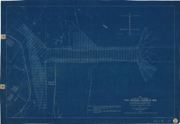 This blueprint map shows the land and its uses near Two Rivers Harbor. Lake Michigan is labeled on the left. Roads and buildings are also labeled. Original caption reads: "April 28, 29, 1926."33-A-93." The map includes a water surface diagram.