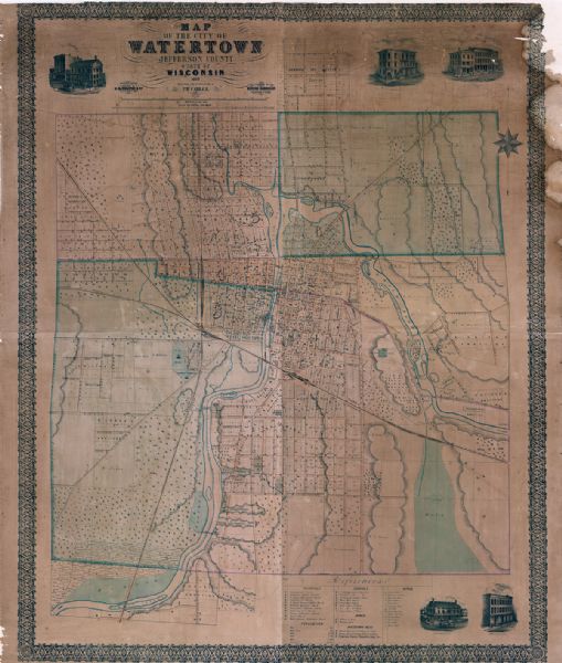 This map shows lot and block numbers, buildings, some land ownership, wards, waterways, streets, railroads, brick yards, and cemeteries. It includes an index of churches, schools, banks, the Watertown press, and hotels within the area. It also shows illustrations of local buildings along the top and bottom of the map. 
