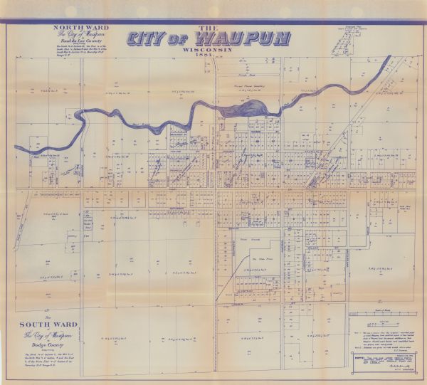 This blueline print map shows lot and block numbers, additions, churches, and public land in North and South wards as they were in 1884. Towards the top of the map Rock River is clearly labeled. The lower right hand corner of the map has three notes. Note 1 reads: "This map is drawn from the original recorded plats of East Waupun, from certified copies of the recorded plats of 'Waupun,' and the several additions to East Waupun. Vacated parts thereof and unplatled lands are drawn from conveyanoes." Note 2 reads "Distances are given in rods except where noted."These two notes are signed by S. J. Sumner. Underneath these notes outlined in a box another note reads: "This map was copied from a photographed print of the original map. The print was fragile from age, but legible. Charles M. Donnelly City Engineer."