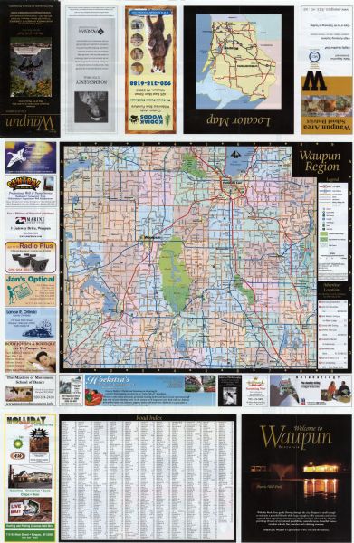 This double sided map shows roads, railroads, biking trails, civil townships, parks, wildlife refuges, town halls, and hospitals. The region map covers parts of Dodge, Fond du Lac, and Washington Counties. Both sides include text, color illustrations, and indexed advertisements. One side contains a locator map, and a inset map titled 'outdoor gallery of sculptures.' Below this inset map in the left corner there is also a street index. On the other side, under the region map, there is a road index.