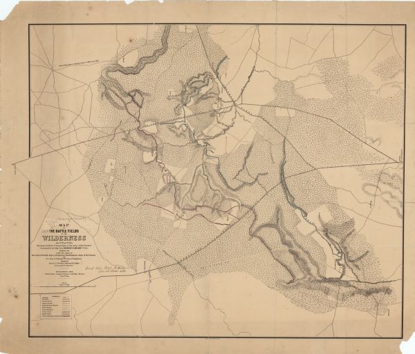 This map shows Union and Confederate lines on May 5th, 6th, and 7th, 1864. The lower left corner includes a key of symbols for batteries, turnpikes, plank roads, county roads, neighborhood roads, farm roads, projected railroads, Union lines (blue), Confederate lines (red), and lines captured and turned.