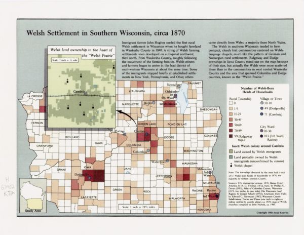 This map shows the number of Welsh-born heads of households around 1870. A small inset map in the lower left corner shows Welsh land ownership in the heart of the "Welsh Prairie" study area, and a large inset map shows land owned (and probably owned) by Welsh immigrants and Welsh chapels around Cambria, Wisconsin. The right margin includes a color-coded key.