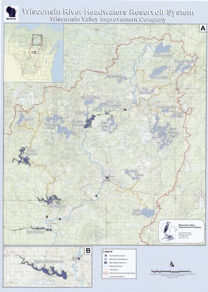 This map shows hydroelectric dams, natural-lake and man-made reservoirs, the Wisconsin River and its tributaries, and the Wisconsin River Drainage Basin. The map is broken into section A and B and includes a legend in the lower margin. The back of the map features a illustration titled "Wisconsin River Reservoir System" and  shows the reservoir system as interconnecting pans. The back of the map also features a legend in the lower left corner.