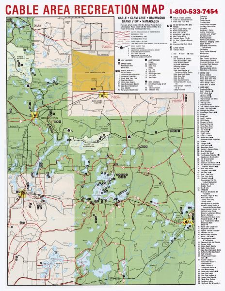 This map shows various types of trails, boat landings, canoe areas, public beaches, picnic areas, campgrounds, golf courses, public tennis courts, and other recreation activities. The front of the map includes an index of businesses in the right margin. The back of the map includes a Cable area business directory and 9 color illustrations of activities.