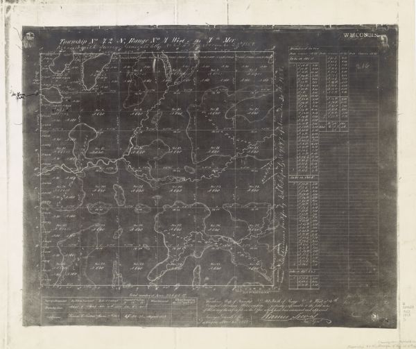 This map shows drainage, acreages, and timber in the area now part of the Town of Shanagolden. The map includes a survey table, a meanders table, and certification by Warner Lewis.