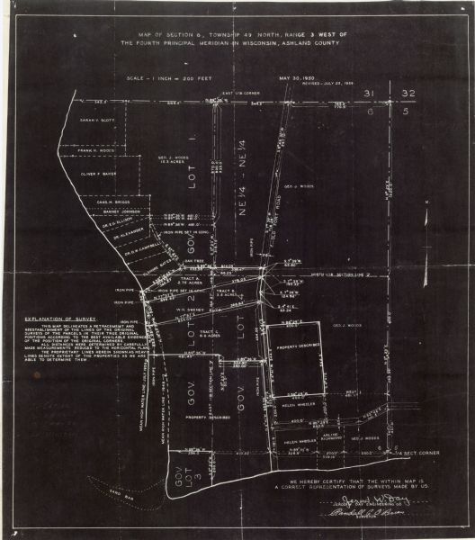 This map shows landownership, acreages, and old fort road on the southwest corner of Madeline Island. The map includes an explanation of survey in the middle left margin.