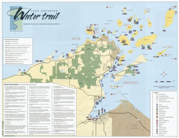 This map shows national parks, county and state forests, Indian reservations, municipal land, private land, docks, boat access, camping, and points of interest. The map includes route descriptions and statistics. The back of the map includes color illustrations.