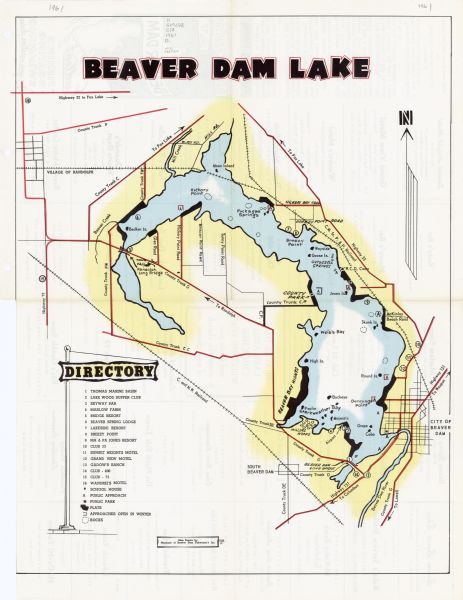 This map shows the lake, clubs, resorts, motels, school house, public approaches, and public parks. The back of map includes advertisements and text.