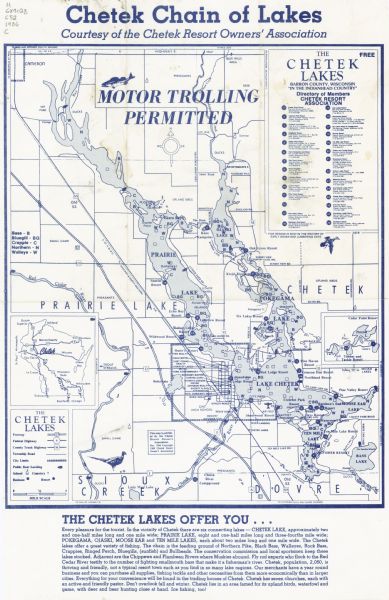 This map shows businesses, resorts, roads, public boat landings, schools, cemeteries, and location of fish and game. An inset map reads: Continuation along County Highway D to "Muskie Lakes". The map also includes text, location map, and directory of members of the Chetek Resort Association.