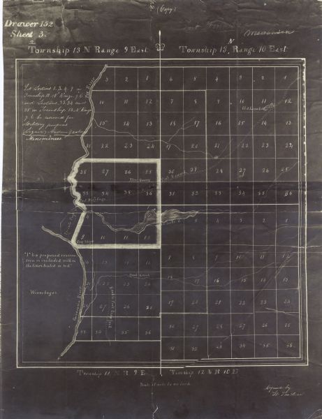 This photostat map shows Fort Winnebago around 1931, land to be reserved for military purposes, roads to Fort Howard and Fort Crawford, "private property" in area of present-day Portage, grog shops, old lime kiln, and stone quarry. The map covers portions of present-day Towns of Marcellon, Wyocena, Pacific, and Fort Howard (portion east of Fox River) and the city of Portage, Wisconsin.
